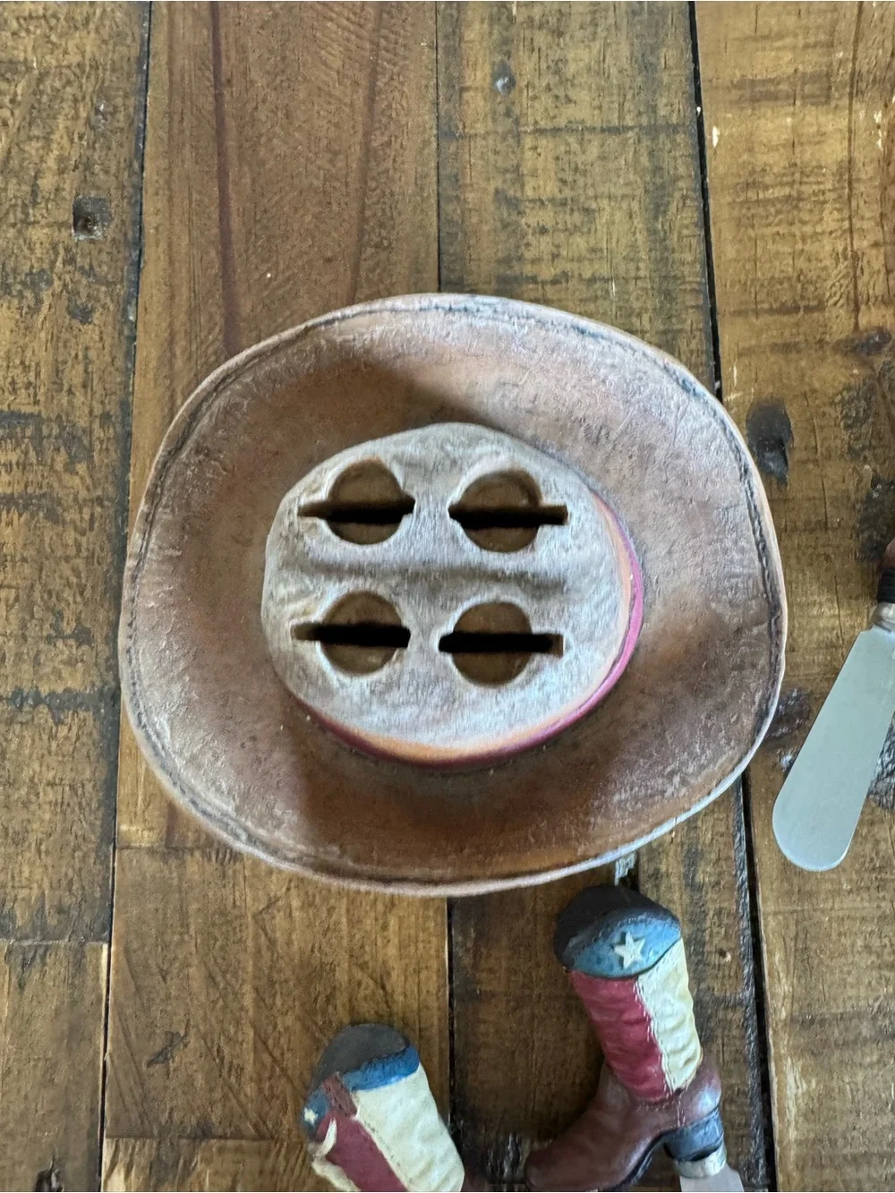 Texas Cowboy Boot Cheese Spreader Set w/ Cowboy Hat Holder Western Decor